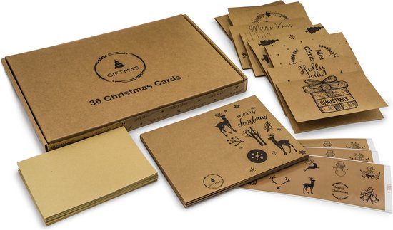 Giftmas - Kerstkaarten - Wenskaarten - 36 stuks - Met enveloppen en stickers - 10x15cm - Bruin