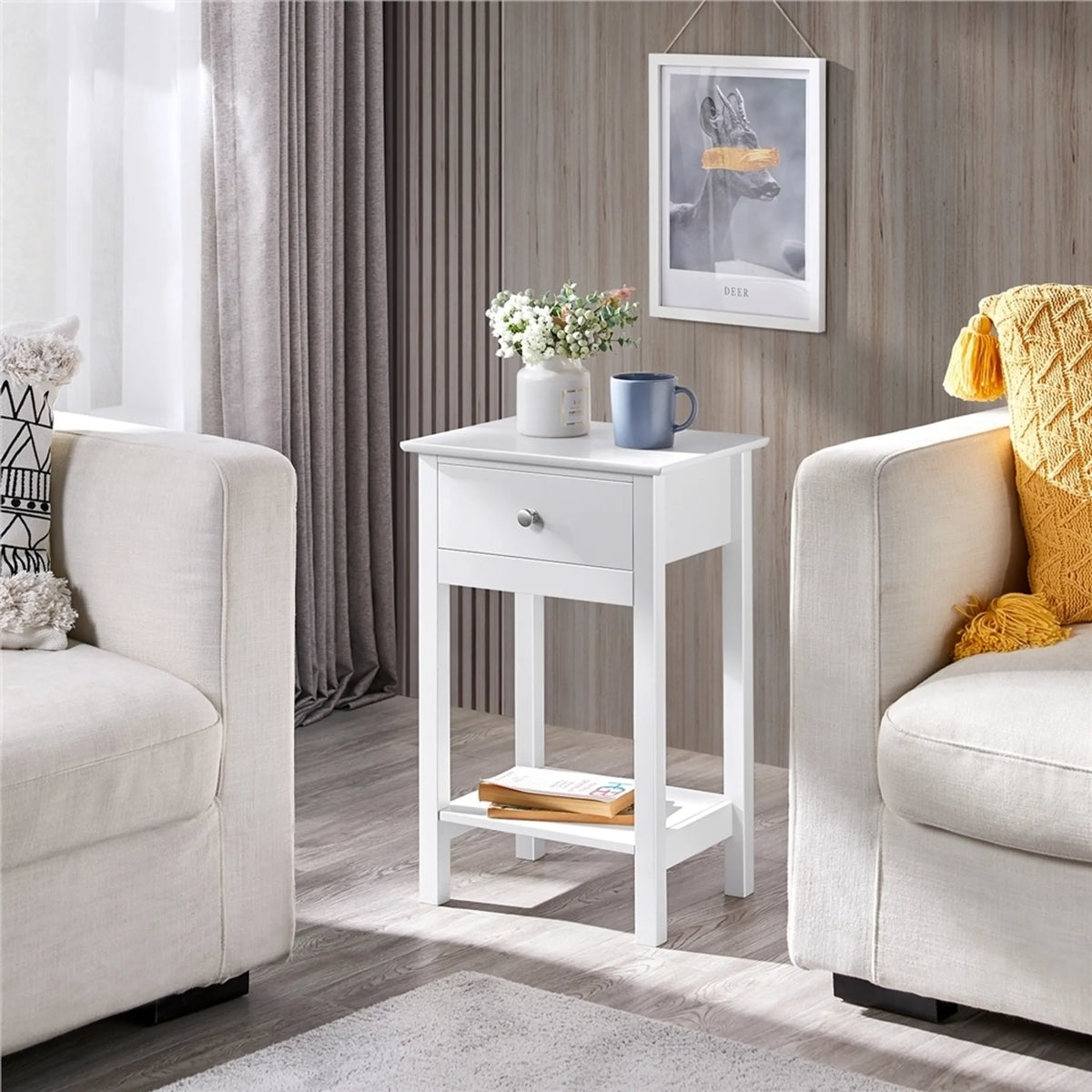 Yaheetech Sfeervol Nachtkastje met Schuiflade en Legplank 40x30x61 cm – Tijdloos Wit – MDF