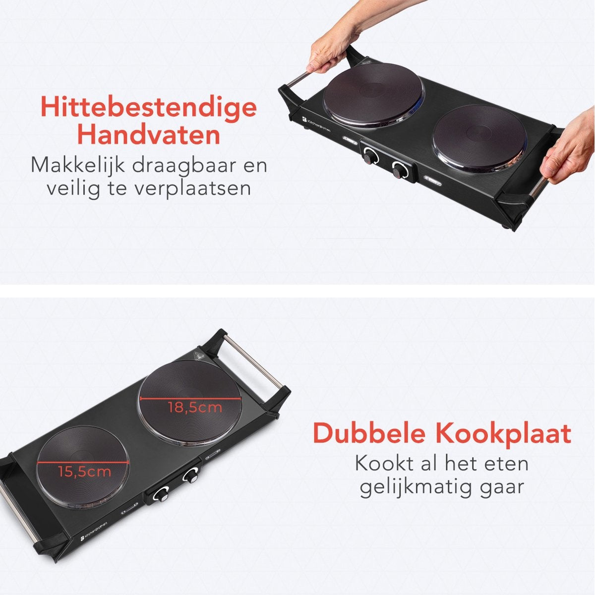KitchenBrothers Elektrische Kookplaat - 2 Pits - 2500W - Zwart