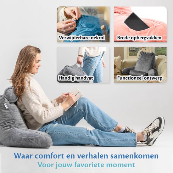 Ella Leeskussen XL - Memory Foam Relax Kussen voor in Bed - Zitkussen met Nekrol & Onderrug Ondersteuning - Bookseat - Fluweel Koraal Roze