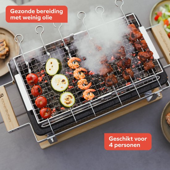 KitchenBrothers Kamado Hibachi Grill - PFAS Vrij - Met Grillrek en Stokjes - Houtskool Barbecue - Shichirin Tafelgrill - Rechthoekige BBQ - Keramische Barbecue - Zwart