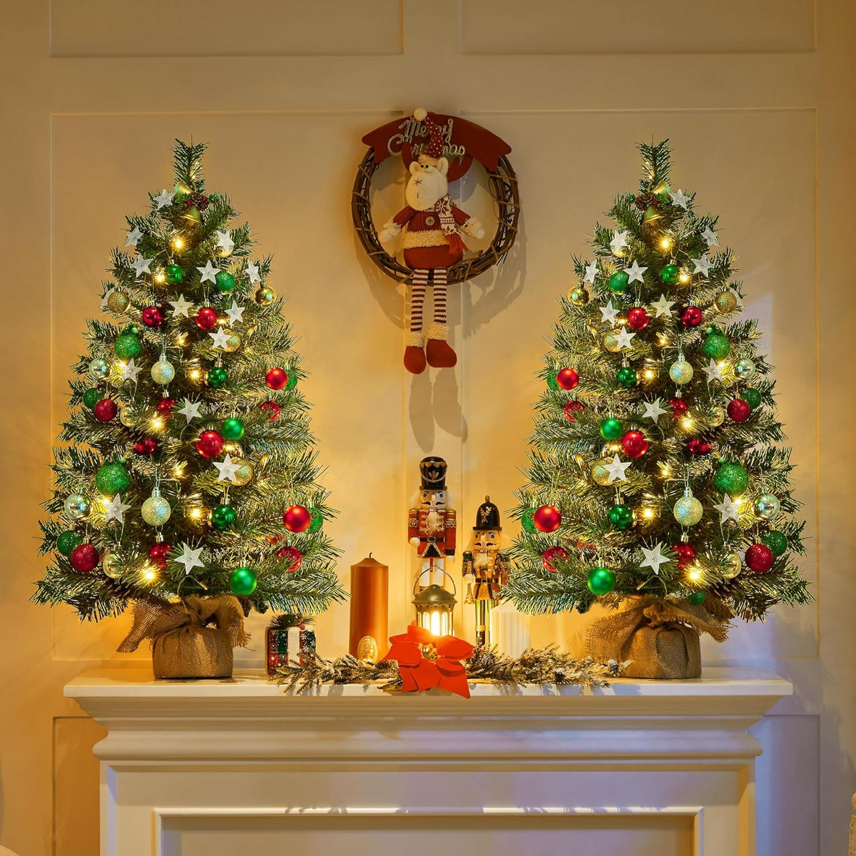 Yaheetech Kunstkerstboom - Set van 2 - 91,5 cm - 50 Warmwitte LED's - Dennenappels - Groen