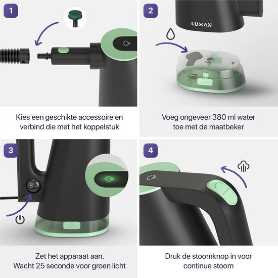 LUMAN 16 in 1 Stoomreiniger Én Handstomer V3 - Tapijtreiniger - Vlekkenreiniger - Vloerreiniger - Met 16 Opzetstukken en 3 Microvezeldoeken - Groen
