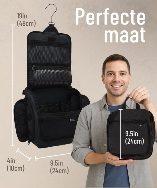 D&D Wanderlust Toilettas met Haak - Ophangbare Luxe Travel Organizer met 10 vakken - Zwart - Unisex Dames & Heren - 6 liter inhoud - Reis Toilettas Hangend Groot - Make up Tasje