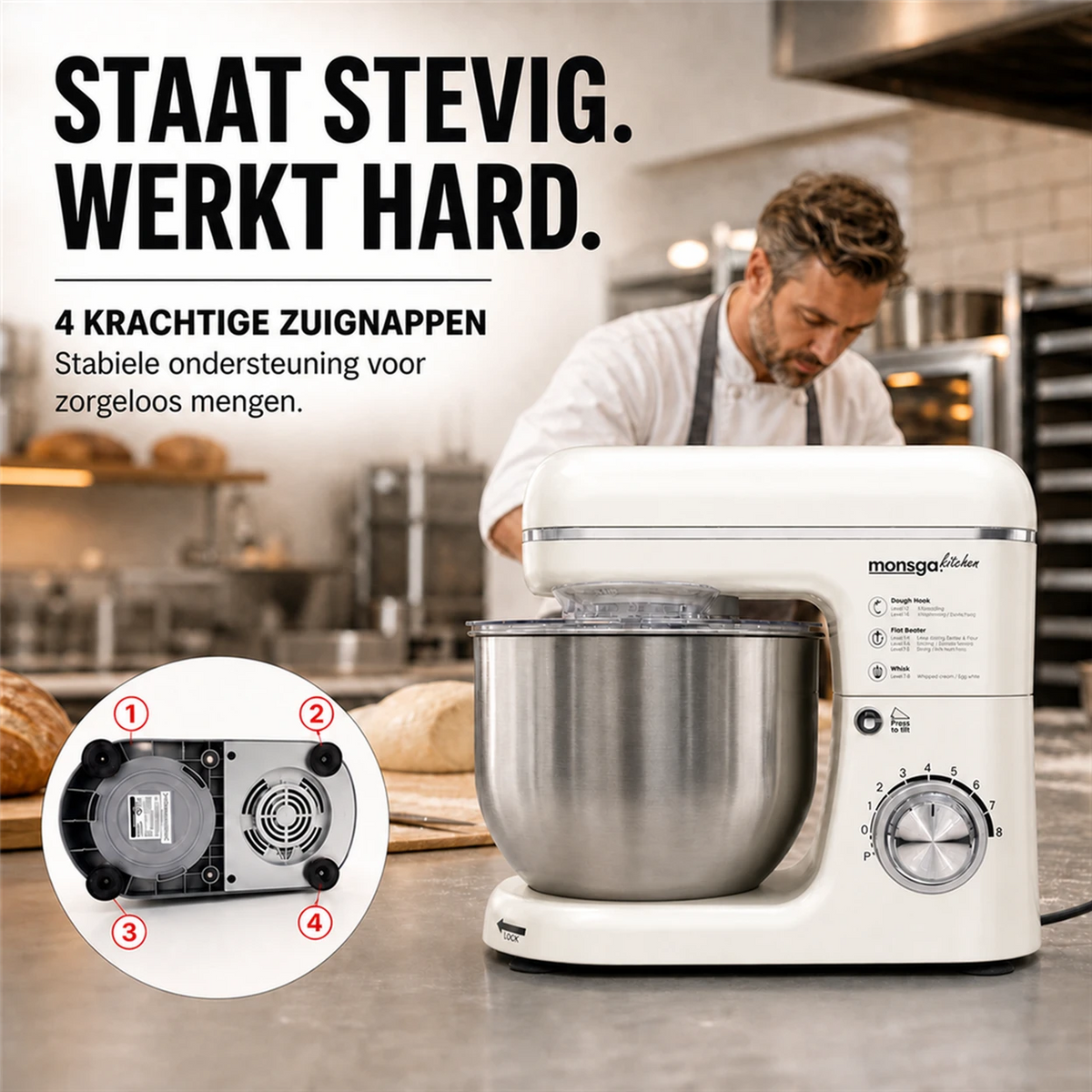 MONSGA SM100 keukenmachine - 1000 W - 5 L mengkom - crèmewit