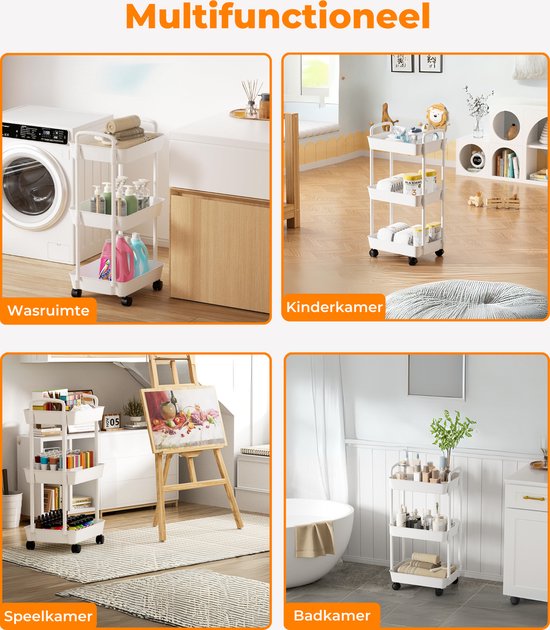 Posity Keukentrolley op wieltjes – Serveerwagen / Opbergtrolley / Keukenrek / Trolley Keuken – Verrijdbaar en Vast – 3 Lagen – Kunststof – Wit