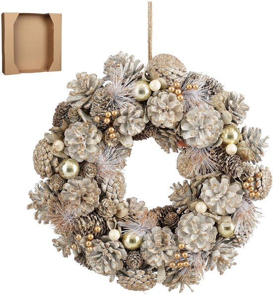 Mica Decorations Kerstkrans Hanley H9 x Ø45 cm - Deurkrans met Dennenappels - Kerst Krans Deur en Tafel - Multifunctionele Kerstversiering - Wit