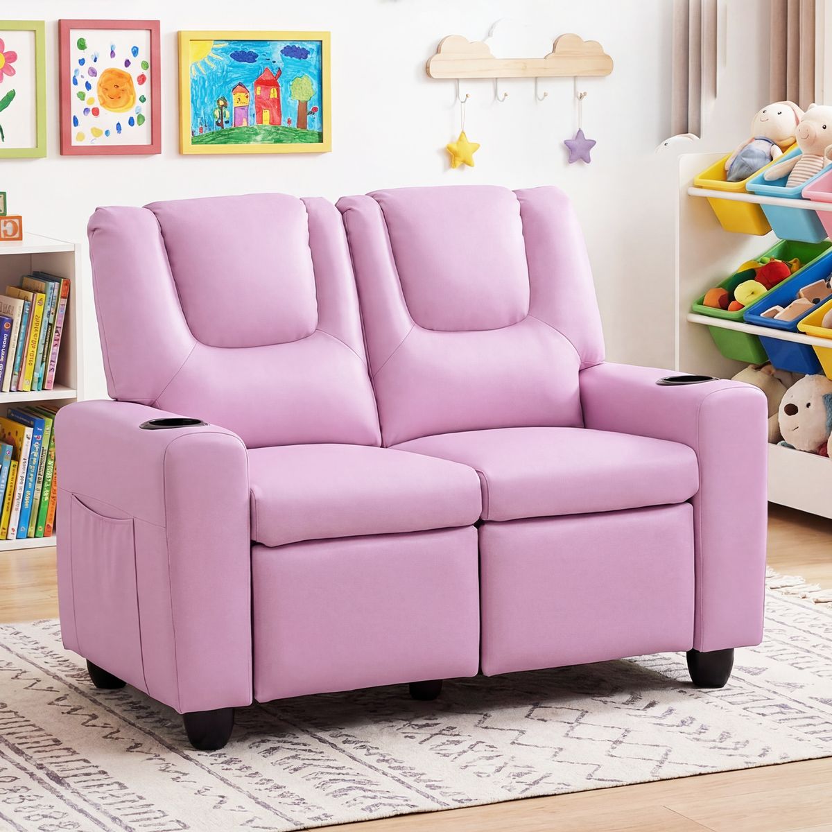 Coast Kinderbank met ligfunctie - dubbele zitting - bekerhouders - roze 54 x 94 x 68 cm