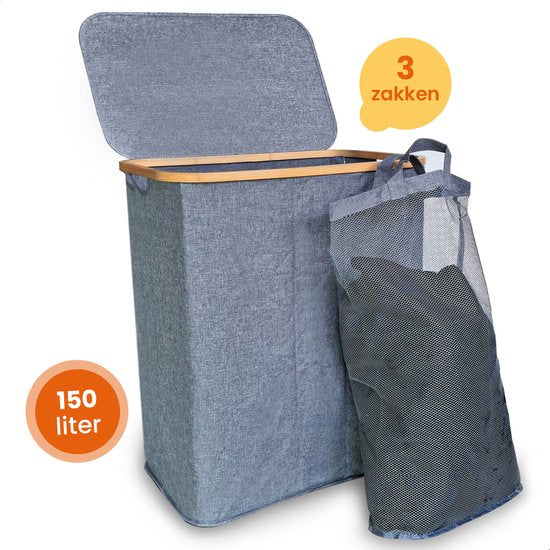 Goliving Wassorteerder 3 Vakken - 150L - Opvouwbare Wasmand Met Deksel - 3 Uitneembare Zakken Met Kleurlabels - 57 x 37 x 66 cm - Grijs