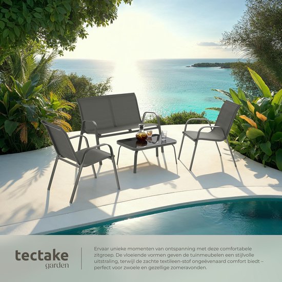 tectake® Tuinset Nora - Moderne Zitgroep voor 4 Personen - Loungeset met Tuinbank en 2 Tuinstoelen van Ademend, Waterafstotend Textileen-Weefsel - Balkonset Met Bijzettafel - Luxe Tuinmeubelset - Antraciet