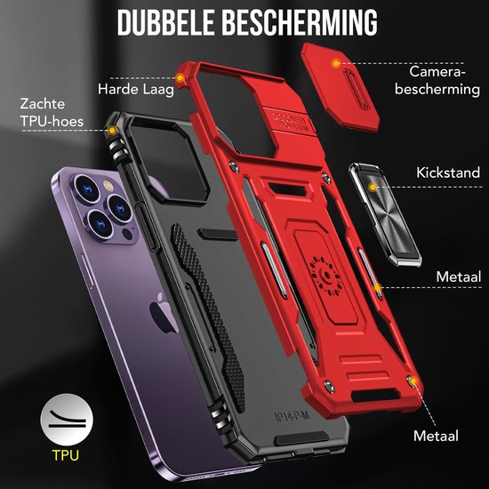 Podec Hoesje geschikt voor iPhone 11 Pro Rood Telefoonhoesje - Anti-Shock Case Cover Hybrid Armor Hoes met Kickstand Ring met Screenprotector