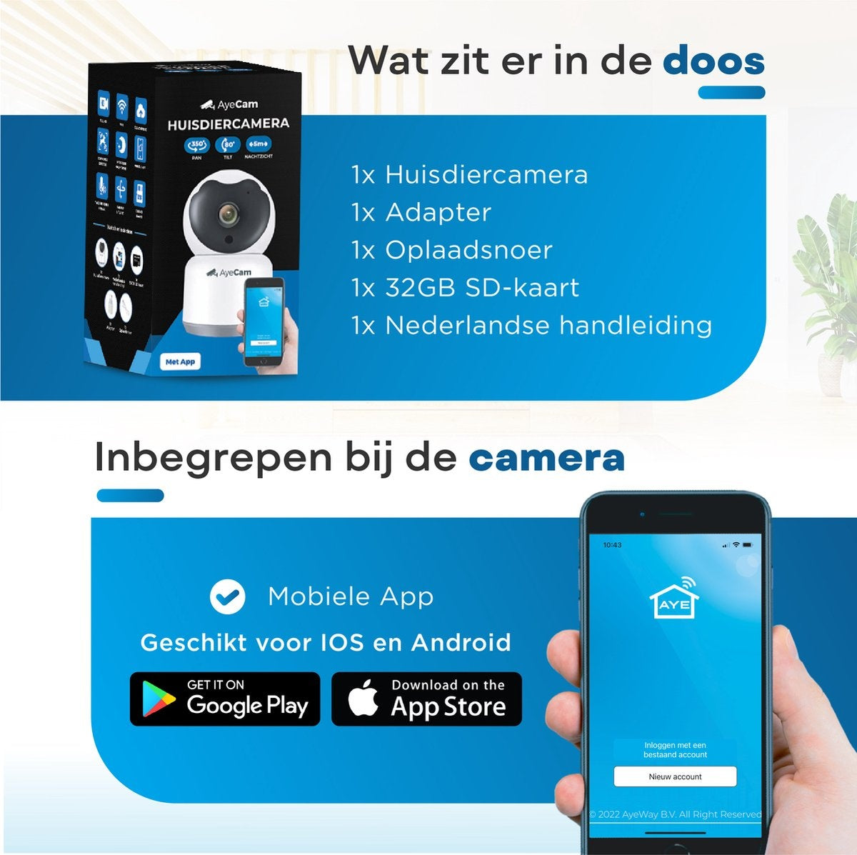 AyeCam Huisdiercamera - Met App - Incl. 32GB SD - WiFi - Beweeg & Geluidsdetectie - Beveiligingscamera