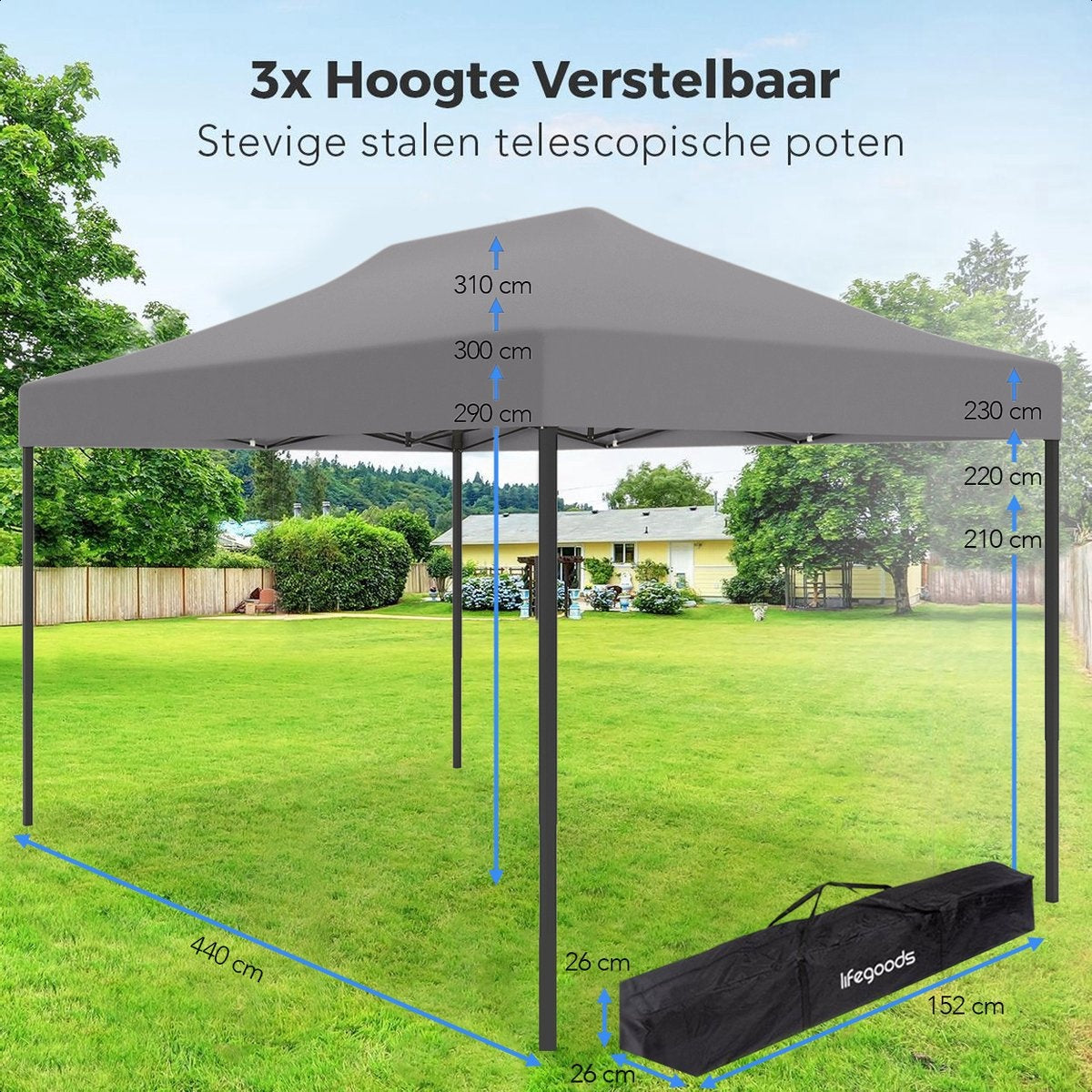 LifeGoods Partytent - Paviljoen - EasyUp - Opvouwbaar - Waterdicht - Met Draagtas met wieltjes - 440 x 297 cm - Donkergrijs