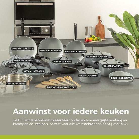BE Living Koekenpan - Ø 28 cm - Bakpan - Keramisch - PFAS Vrij Anti-aanbak - Inductiepan - Grijs - Essential Series