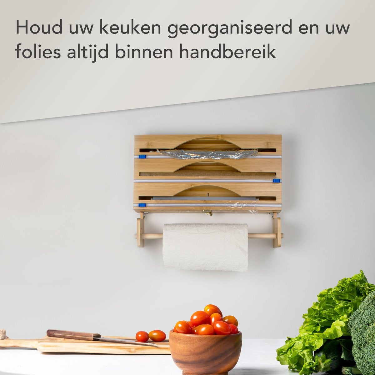 Nimma Rollenhouder - Keukenrolhouder en Foliehouder in 1 - Incl. Ophangsysteem en Foliesnijder - Geschikt voor 3 Rollen Folie - Bamboe