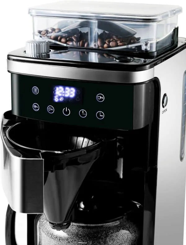 Hanseatic – Koffiezetapparaat met Ingebouwde Koffiemolen – 1,5 Liter & 1000 Watt – Met Digitaal Display & Timer – Voor Bonen & Gemalen Koffie – Zilver RVS & Kunststof