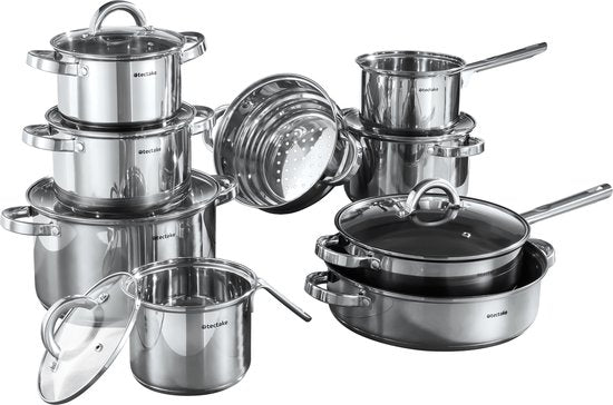 tectake® Pannenset - RVS - Geschikt voor inductie, gas en elektrisch koken - 15-delig - Vaatwasmachinebestendig - Voor thuis of camping - Pannen met deksels