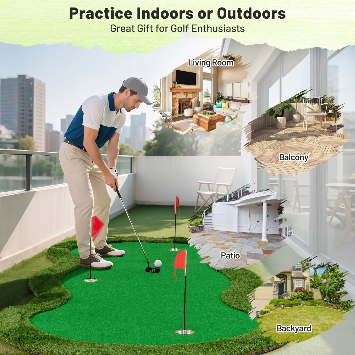 Coast Golf Puttingmat - 3 gaten - inclusief golfballen en vlaggen - 300 x 150 cm - groen