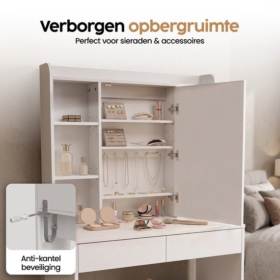Infinity Goods Kaptafel met LED Spiegel - Make Up Tafel - Extra Veel Opbergruimte - Dimbaar - Wit