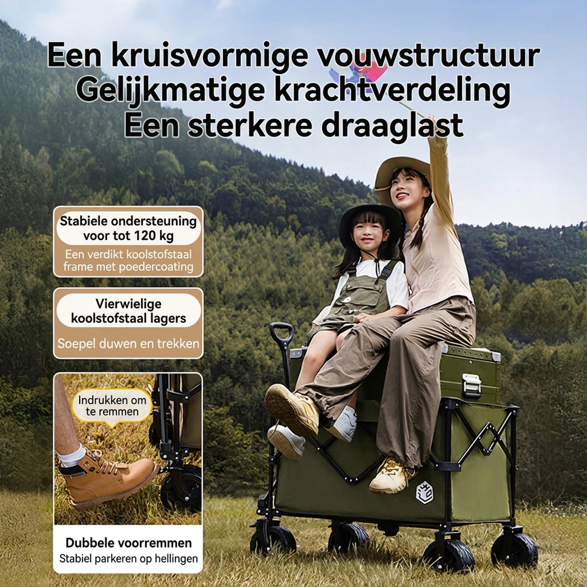 Ochama Opvouwbare Bolderkar - 200 Liter - Terreinwielen met Dubbele Rem - Extra Groot - Groen