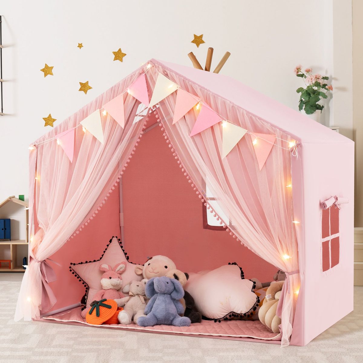 Coast Kinderspeeltent - met gordijnen en sterrenverlichting - grote speelhuis tent - roze