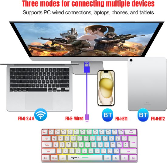 HXSJ L500 - Draadloze Gaming Toetsenbord - RGB - Tri mode - Qwerty Toetsenborden - Wit
