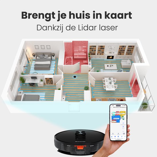 Auronic Robotstofzuiger – Dweilfunctie & Lidar Navigatie – Tot 180 min Gebruiksduur – 4000Pa Zuigkracht – 34,5 x 34,5 x 9,7 cm – Zwart