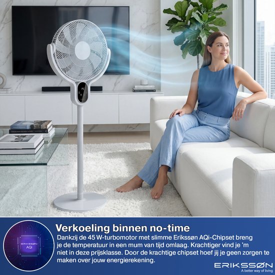 Erikssøn Statiefventilator - Stil En Krachtig 45W - 8 Snelheden - Verstelbaar - Staande Venitlator - Grijs