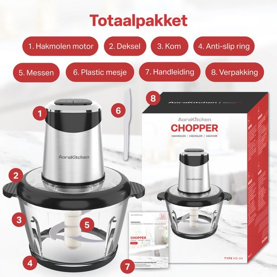 AoraKitchen Hakmolen Electrisch - 2L Glazen Kom - BPA-Vrij - 400W - 2 Snelheden - RVS - Elektrische Hakmolen - Food Chopper