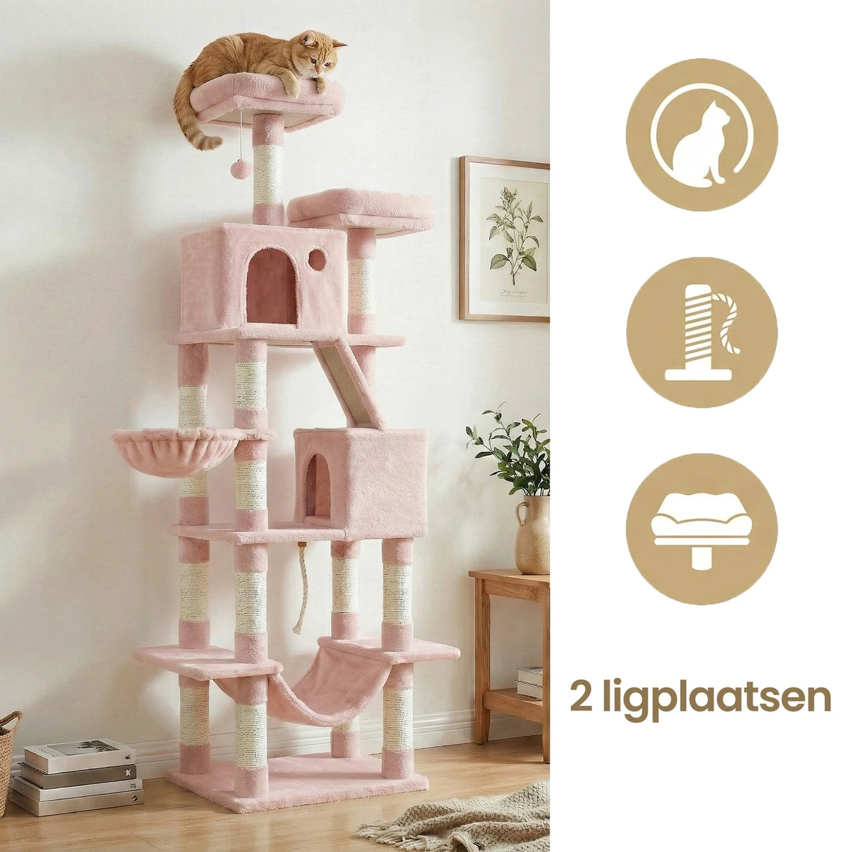 Joyfurnos Krabpaal 206 cm - XXL Kattentoren met 13 Krabstammen, 2 Kattenhuisjes & Hangmat - Roze