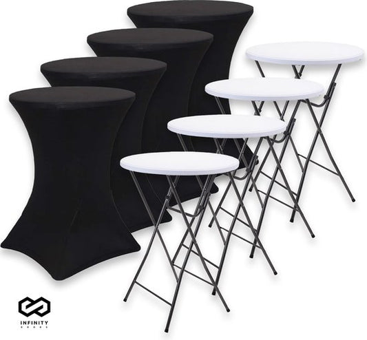 Infinity Goods 4x Stevige Statafel + 4x Zwarte Statafelrok - Partytafel - Robuust en Weersbestendig - Inklapbaar - 80cm x 110cm - Feest - Wit/Grijs
