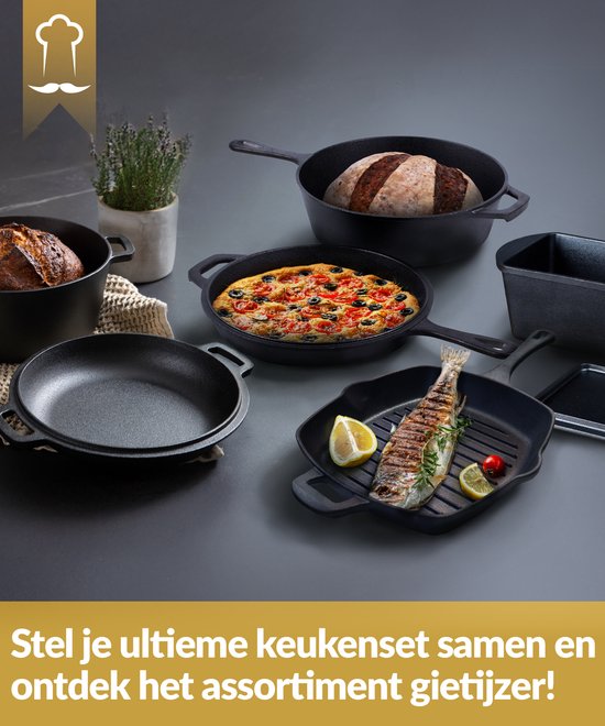 Chefarone Gietijzeren Grillpan – 25,5 cm – Voor Inductie, Gas, Oven & BBQ – Vierkante Grillpan met Ribbels – Perfecte Grillstrepen & Warmteverdeling – Pan met Handgreep