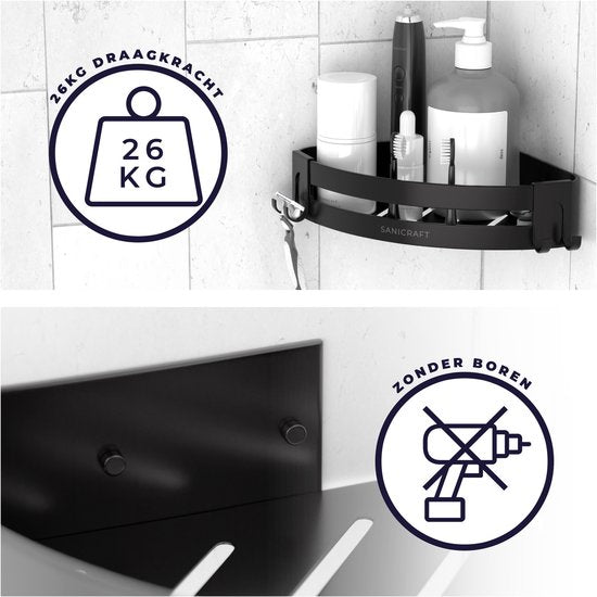 Sanicraft® - Doucherek - Doucherek zonder Boren - Geschikt voor elk type Muur - Doucherek Hangend - Doucherek Zwart - Doucherekje - Doucheplank - Roestvrij - 2 Stuks