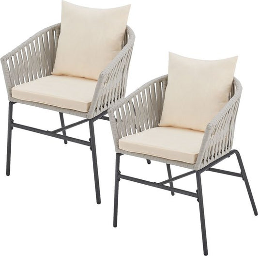2 Tuinstoelen met touwgaas - Lichtgrijs - Incl. Rug- en zitkussens