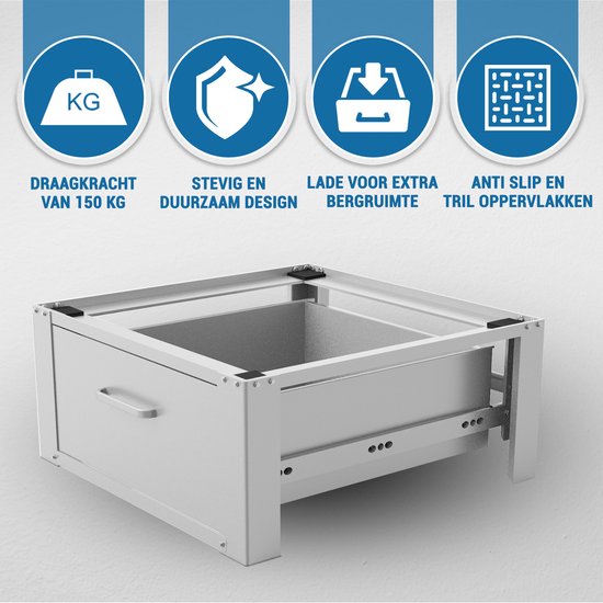 Vonia Wasmachine Verhoger - Wasmachine Verhoger met lade - Wasmachine Sokkel - Wasmachine Kast - Wasmachine ombouw - 63x54x31 - Wit
