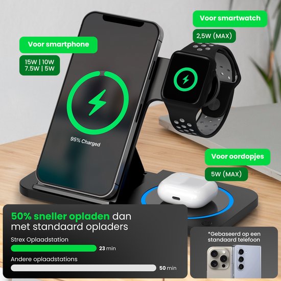 Strex 3-in-1 Draadloze Oplader - Oplaadstation - 15W Snellader - Opvouwbaar - Geschikt voor iOS & Android, Apple Watch, AirPods en Draadloze oortjes - Zwart