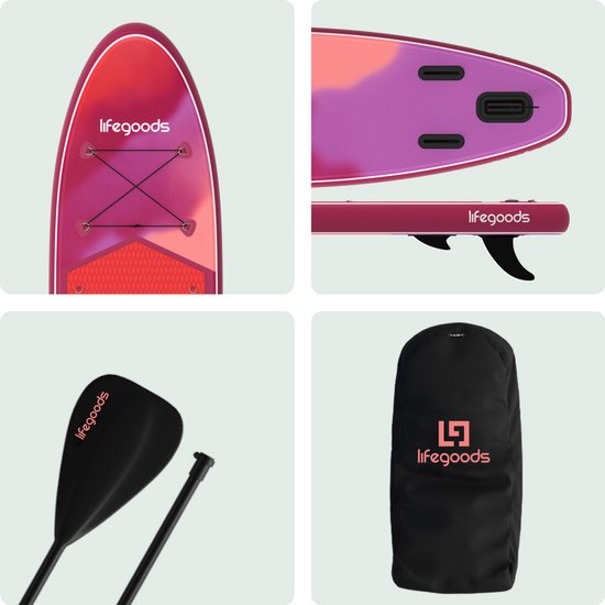LifeGoods SUP Board Allround Compact - 100 KG Draagkracht - 300 x 76 cm - Opblaasbaar - Compleet SUP pakket - Rood/Lila