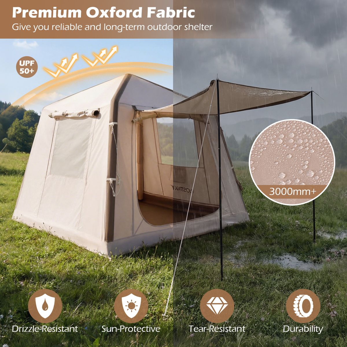 Coast Opblaasbare Campingtent - 2 tot 4 personen - Inclusief pomp en draagtas - Khaki - 210 x 210 x 180 cm