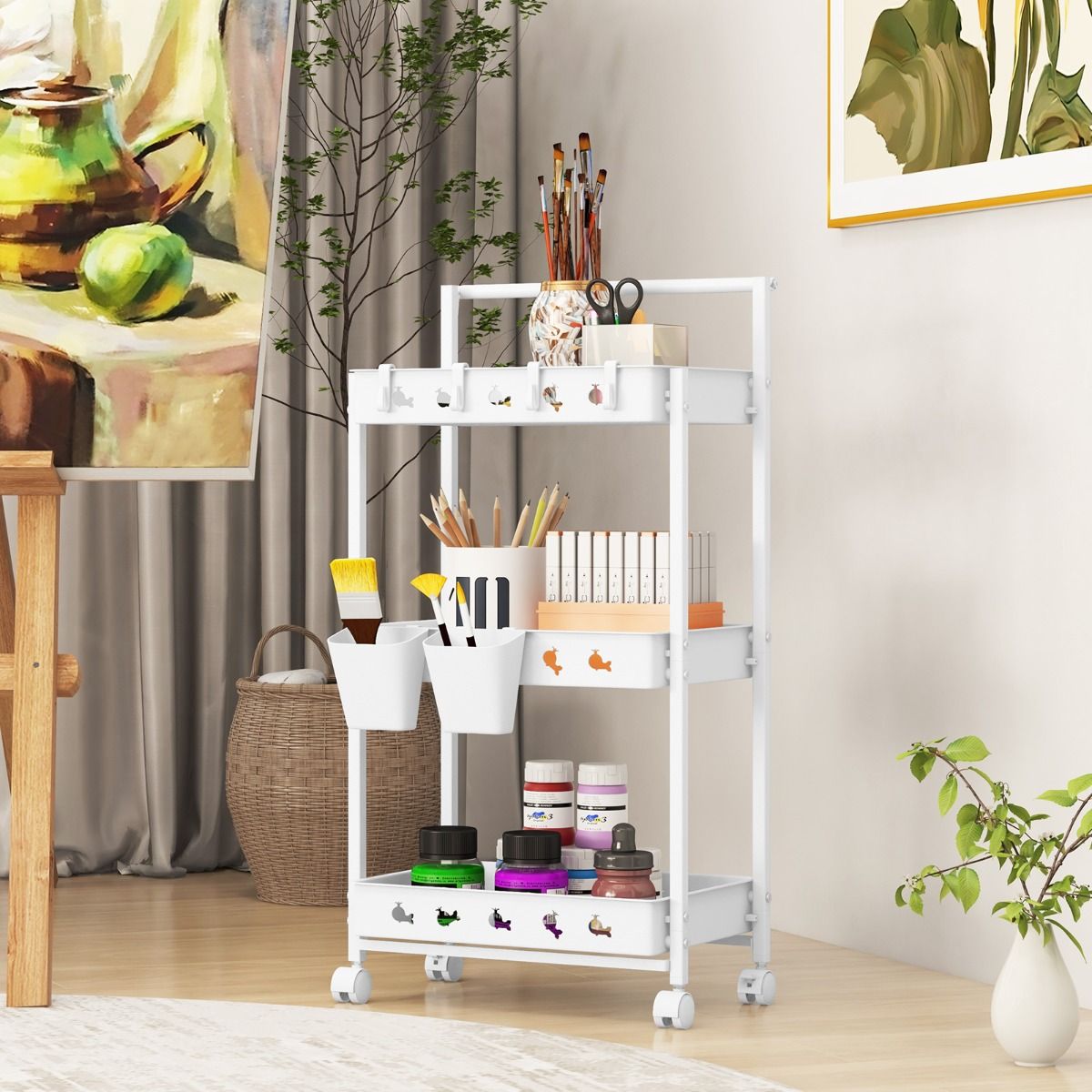 Coast Opbergwagen - 3 niveaus - met haken en bekers - wit 42 x 29 x 83 cm