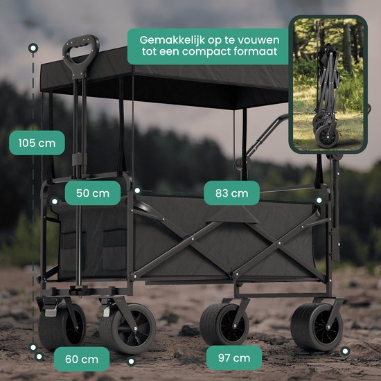 Avalo Bolderkar Opvouwbaar met Dak XL - 120L en 110kg Draagvermogen - Bolderwagen met 360° Wielen - Zwart
