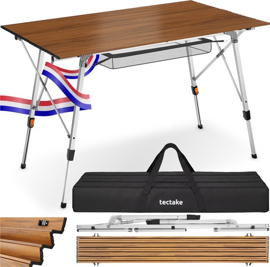 tectake® Campingtafel - 120 x 70,5 x 58 - 79 cm - Klaptafel van Aluminium - Oprolbaar xxl-tafelblad - Vouwtafel - Reistafel - Tuintafel - Weerbestendig - In hoogte verstelbaar - Draagtas - Inklapbaar - Houtlook