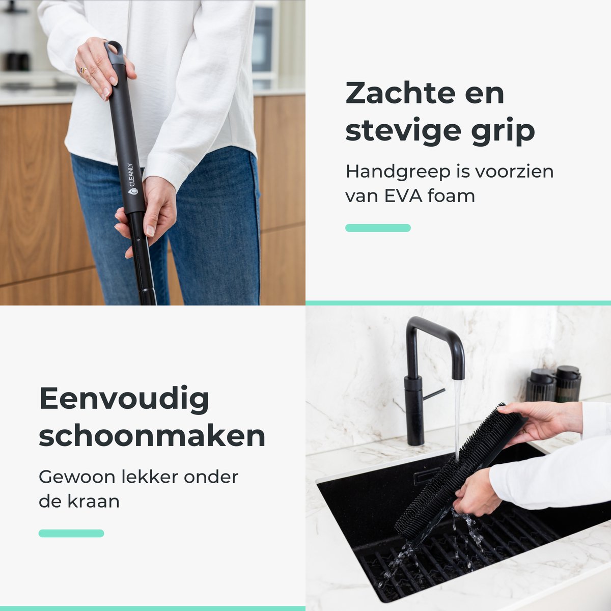 CLEANLY Rubberen Bezem met Vloertrekker 34 cm – Kappersbezem Binnen en Buiten – Verstelbare Steel 114-142 cm – Zwart/Grijs