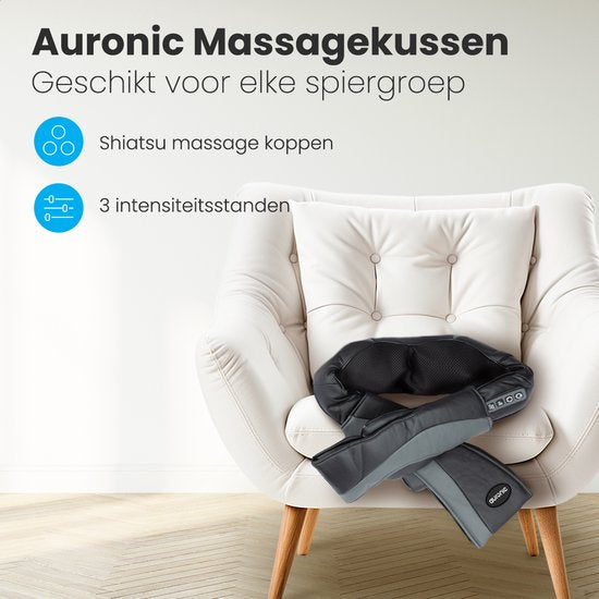 Auronic Shiatsu Massagekussen Draadloos - Elektrisch Nekmassage Apparaat - Infrarood Warmtefunctie - Nek en Schouder Massage apparaat - Massage Apparaten - Zwart/Grijs
