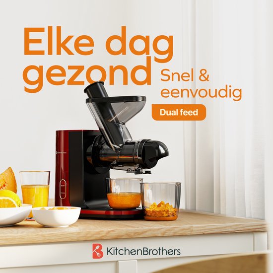 KitchenBrothers Slowjuicer - Juicer - Groenten en Fruitpers - 43 mm en 60 mm invoer - 400 ml - Rood