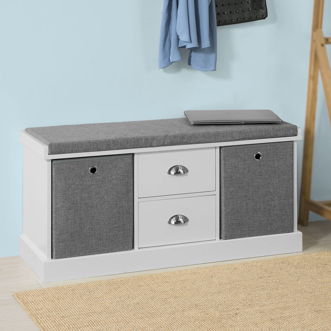 SoBuy Schoenenbank met zitkussen - 4 Lades - 108 x 20 x 41 cm - Grijs/ Antraciet