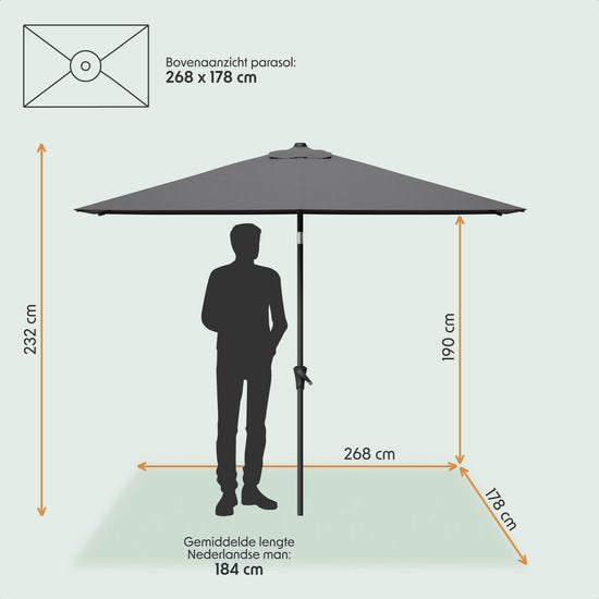 LifeGoods Parasol - Tuin - 268x178cm - 30° Kantelbaar - Waterdicht - UPF50+ - Donkergrijs