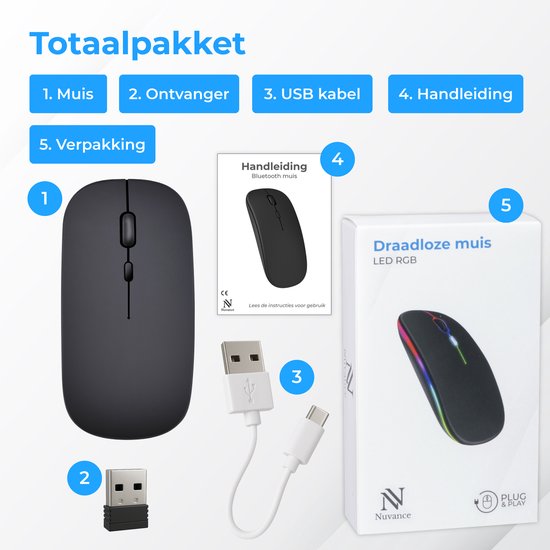 Nuvance Draadloze Muis - Bluetooth - Stil - Laptop & Gaming - Draadloos - Computermuis - Links & Rechtshandig - Zwart