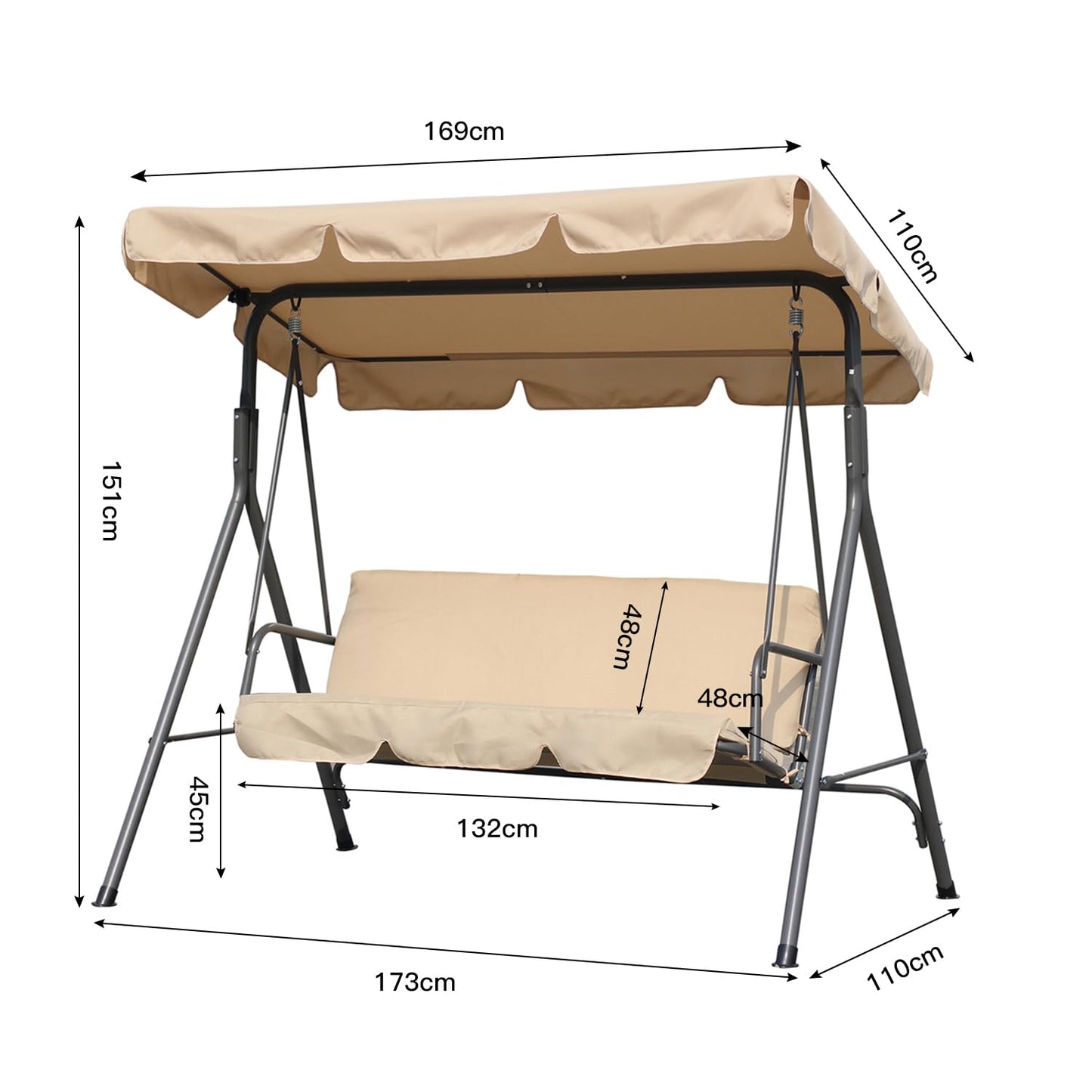 Angel Living Hollywood schommel tuinschommel 3-zits met zonnescherm - beige - ca. 170 x 110 x 152 cm