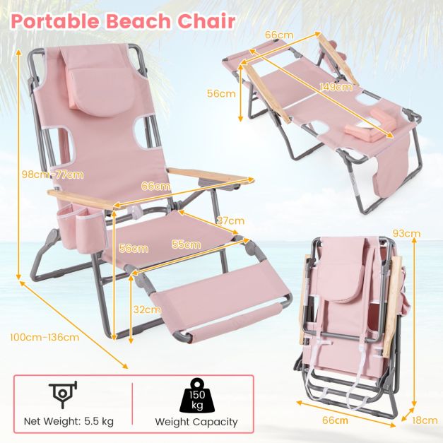 Coast Opvouwbare Strandstoel 66 x 149 x 56 cm - 3-in-1 - Voetsteun/Gezichtsopening - Roze
