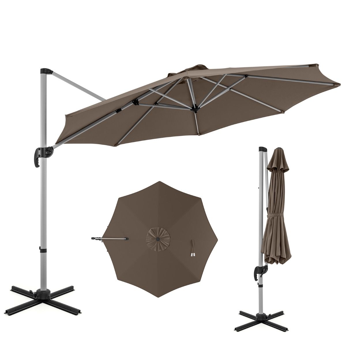Coast Vrijhangende Parasol - 360° draaibaar - Verstelbare kanteling - Bruin/Beige - 339 x 260 cm